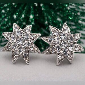 Silver-Tone Starburst Crystal Stud Earrings Celestial Sparkle NWOT Bridal